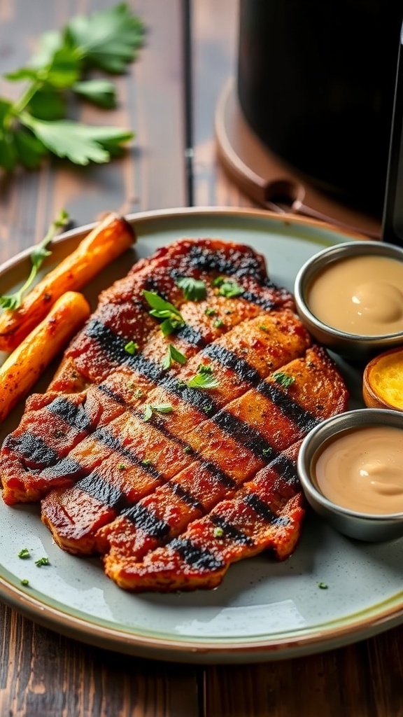 Crispy air fryer steak cutlet garnished with herbs, served with roasted vegetables on a rustic table.